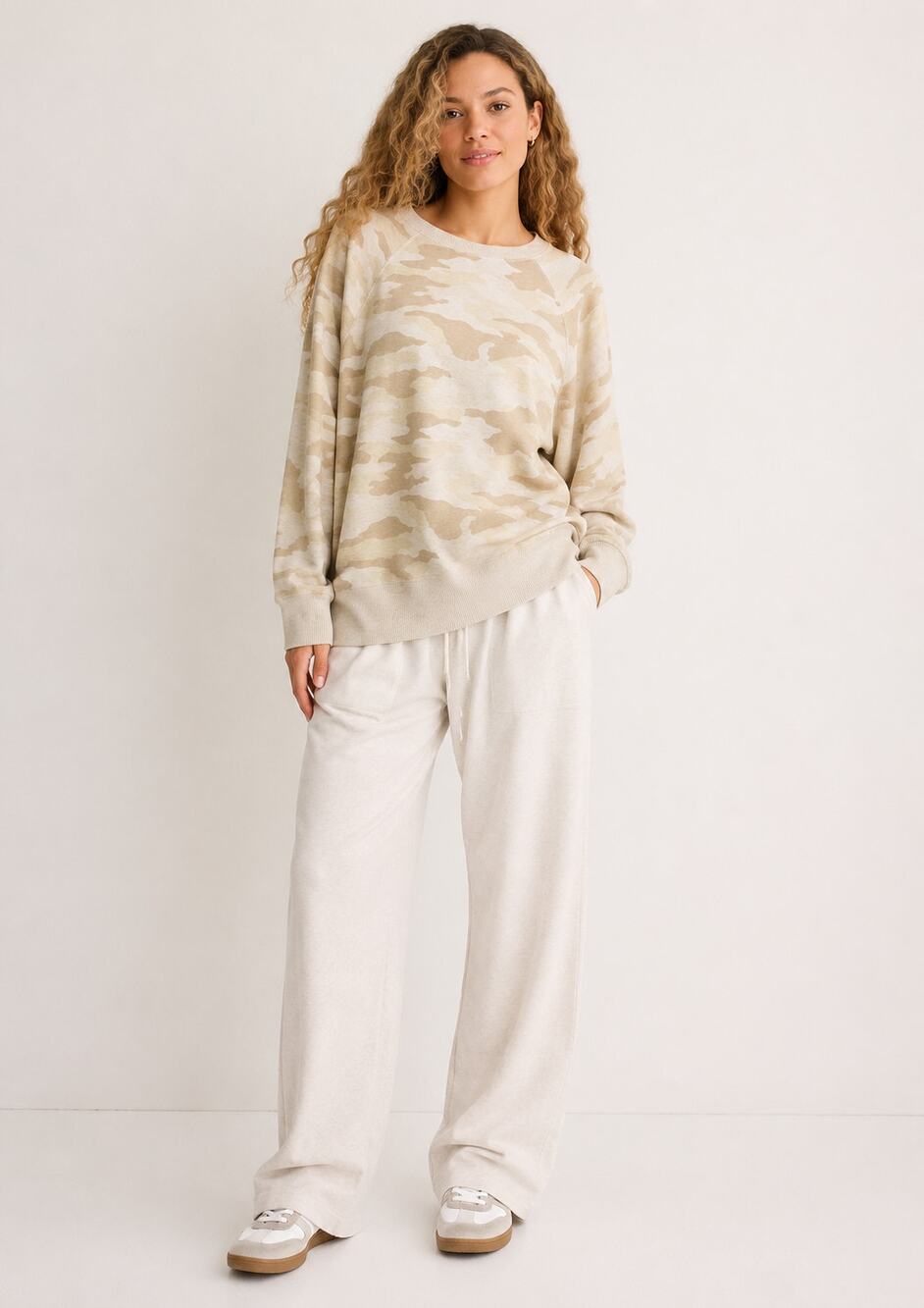 Aerie Crewneck Sweater Womens XS Tan Camo Oversized Pullover Casual